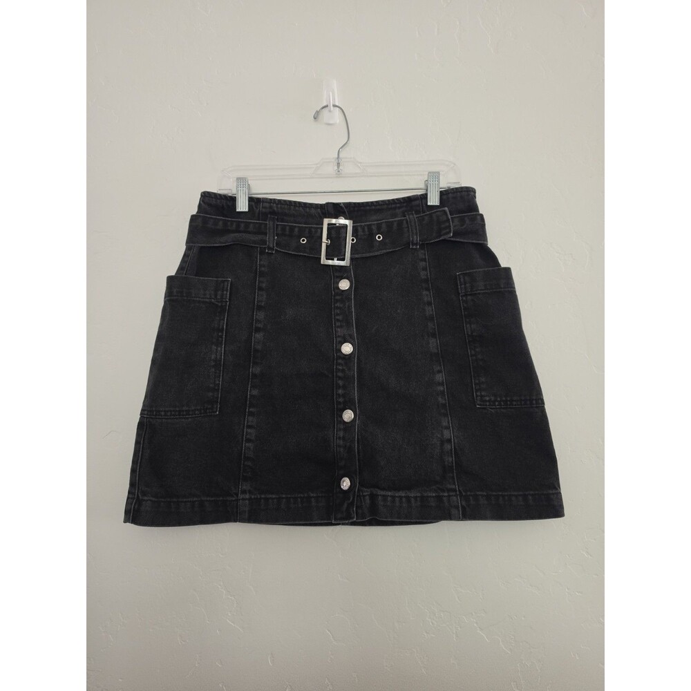 Topshop Women’s Button Front Belted Denim Mini Black Skirt Size 10